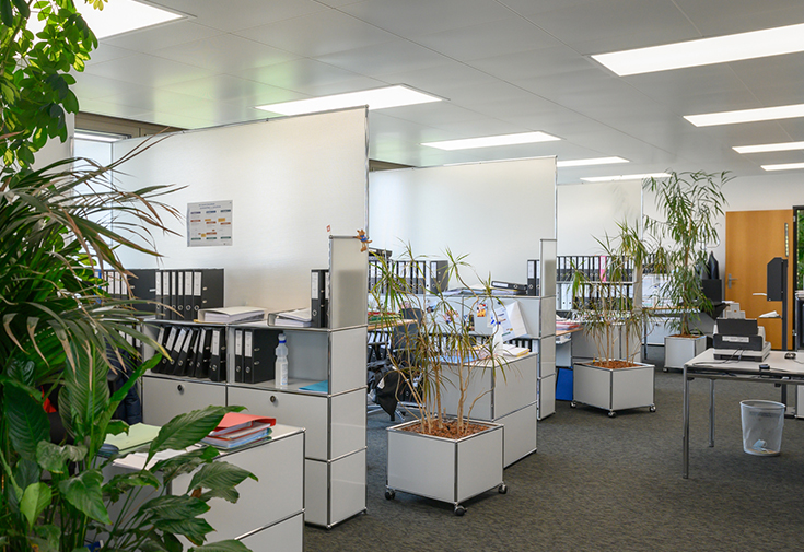 Büroansicht, Trennwände, Pflanzen, Schreibtische. Das Büro von Schenker&Partner